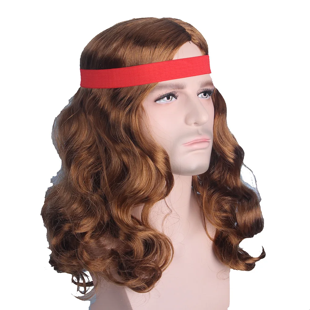 Anxin Men Wigs Dark Brown Long Curly Natural Hair Funy Toupee Wave with