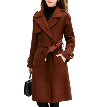 

New autumn Winter Women Long Woolen Coat Fashion Slim double breasted belted wool Blends coat