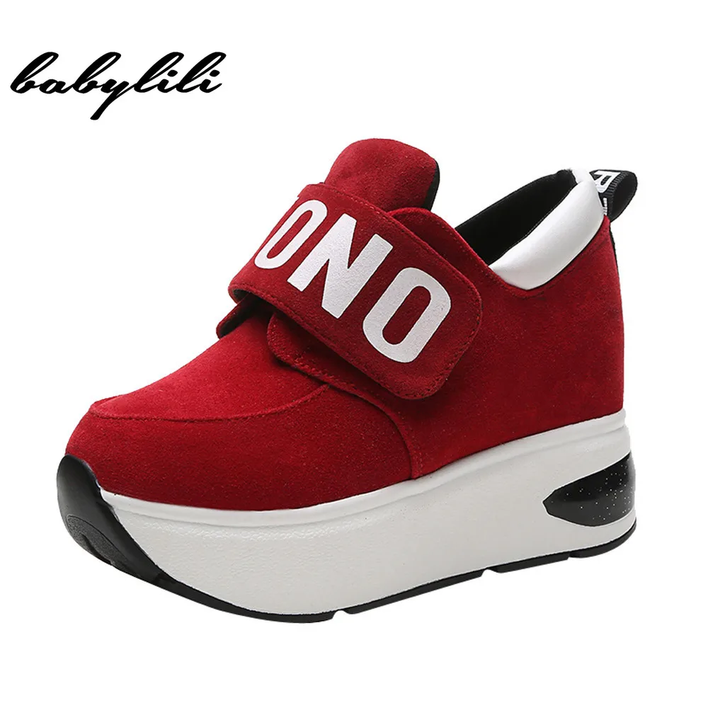 

2019 Women Sneakers Outdoor Shoes Hidden Heel Thick Sole Slip on Creepers Wedge Black Red Platform Increase Shoes Ladies Women