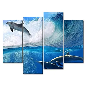 

4 Panels Wall Art Painting Dolphins Jump Out Of The Water Prints On Canvas The Picture Animal Pictures Oil Decoration Print