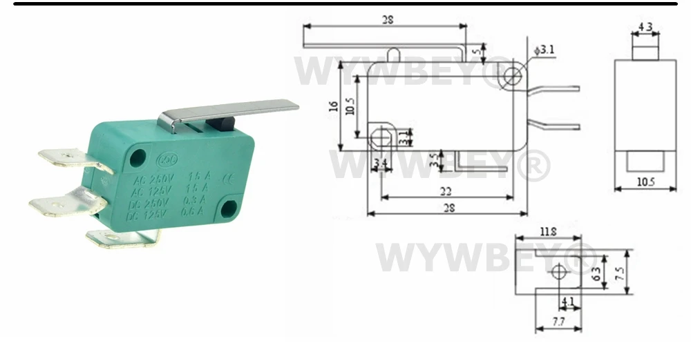 Микро концевые переключатели 16A 250V 125V NO+ NC+ COM 6,3mm 3 штифта SPDT микро переключатель 28 мм 52 мм дуговой роликовый рычаг сенсорный переключатель микропереключатель