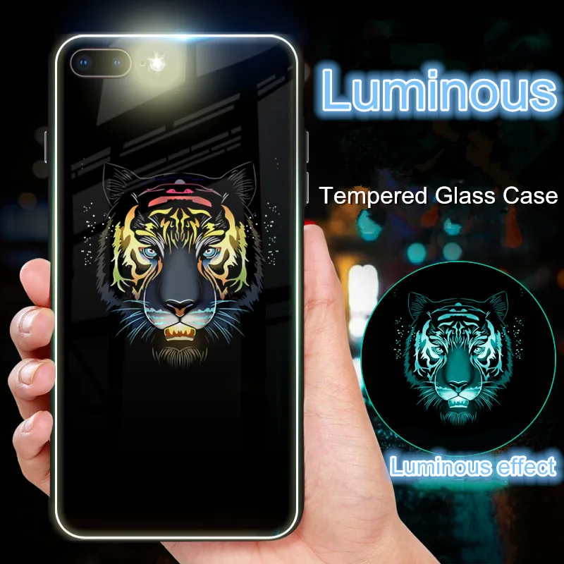 

Cool Tiger Panther Luminous Tempered Glass Case for Apple iPhone X 6 6S 7 8 Plus Super Hero Batman Spider iron Man Cover Shell