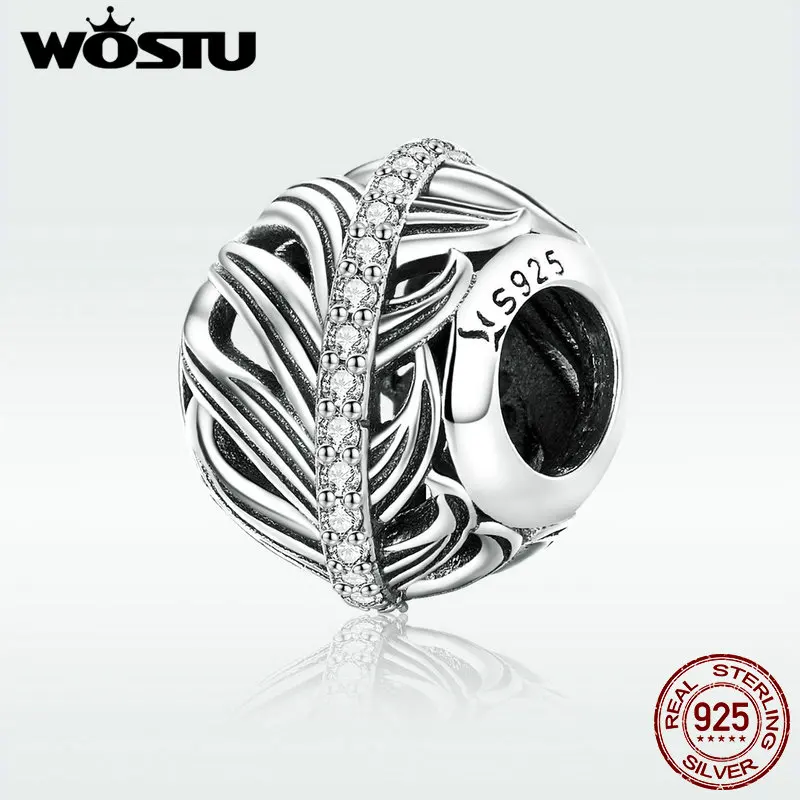 WOSTU Real 925 Sterling Silver Feathers Beads Zircon Charms Fit Bracelet Pendant Charms For Women Wedding Silver Jewelry FIC1065