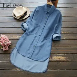 Faylisvow 5xl плюс Размеры джинсовая рубашка Для женщин хлопок синие осенние кнопки с длинным рукавом отложной воротник Топы и блузки дамы Blusa