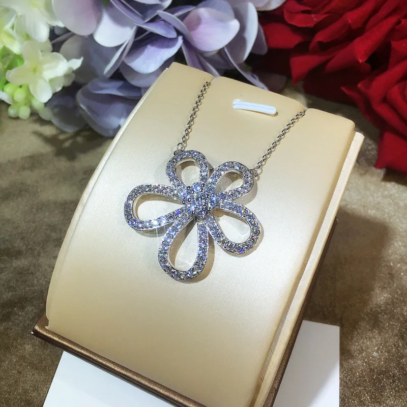 

Genuine S925 Sterling Silver Necklace Rhinestone Large Flower Pendant Fashion Autumn Long Sterling Silver Sweater Chain Female