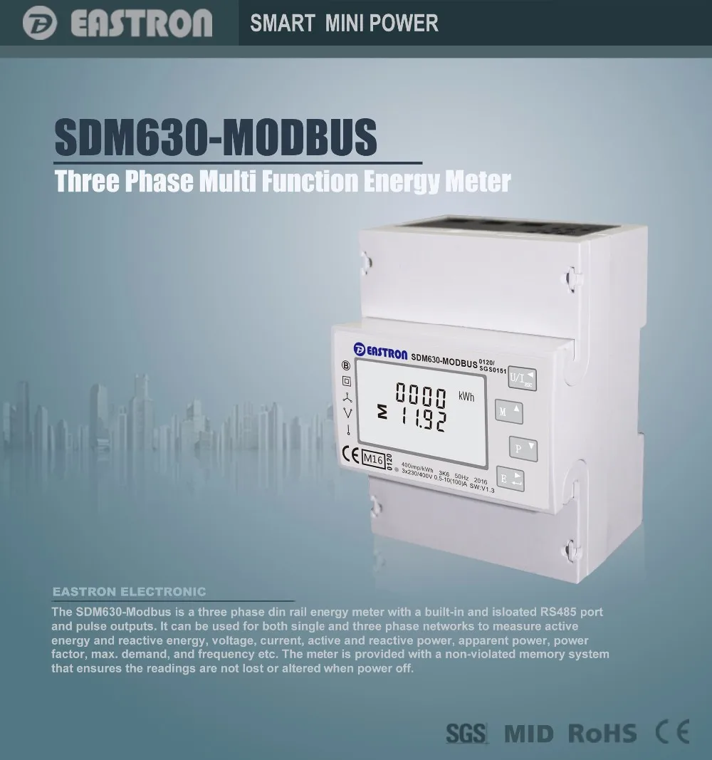 SDM630Modbus V1 трехфазный четырехпроводный счетчик энергии на din-рейке, RS485 Modbus RTU и импульсный выход, одобренный CE NON-MID