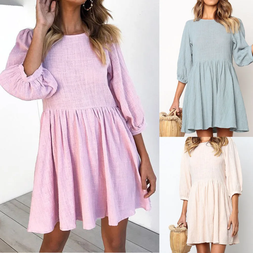 

Women's clothing Women Solid Color Round Neck Half Sleeve Dress Evening Party Mini Dress Women Casual l2019111