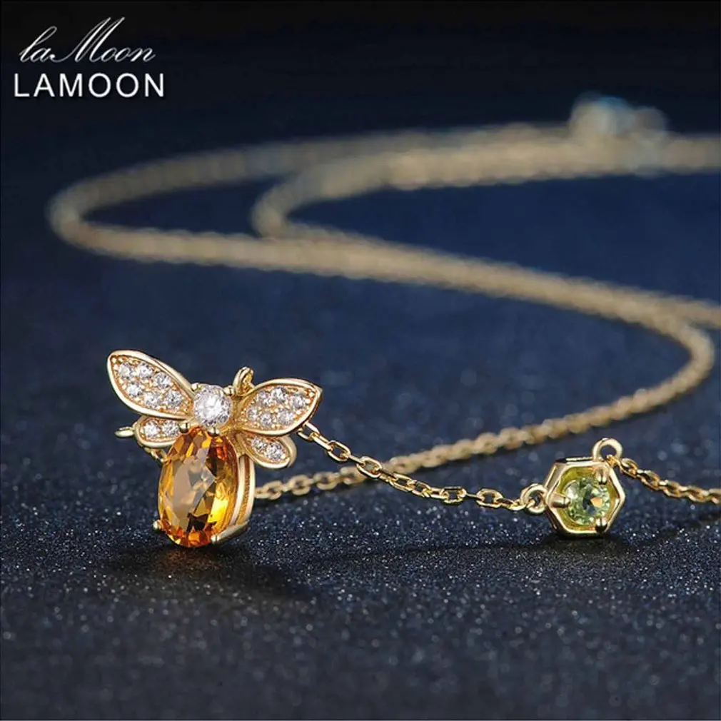 

LAMOON Sweet Bee Pendant Natural Gemstone Citrine Necklace 925 Sterling Silver Yellow Gold Fine Jewelry Gift NI015