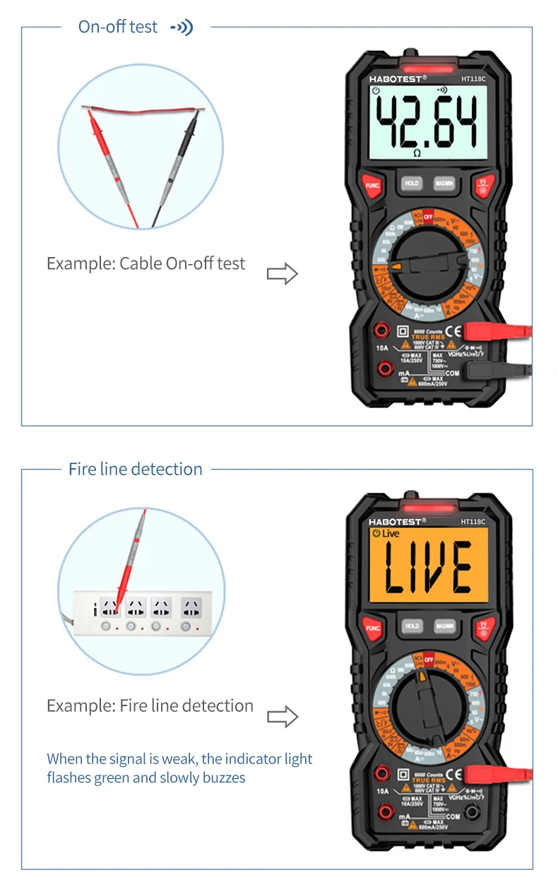 HABOTEST HT118A / C / D Цифровой мультиметр Автоматический диапазон NCV True RMS AC / DC 6000 отсчетов Двухцветный экран Индикатор напряже