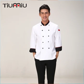 

2018 New Women Men Spliced Stand Collar Cuffs Double-breasted Long-sleeve Chef Jacket Kitchen Work Wear Cooking Uniform & Aprons