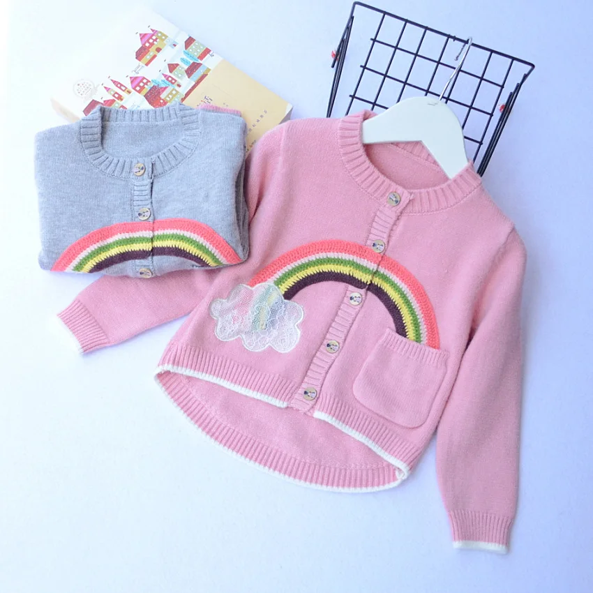 Everweekend Cute Girls Boys Gray Pink Rainbow Cloud Knitted Sweater