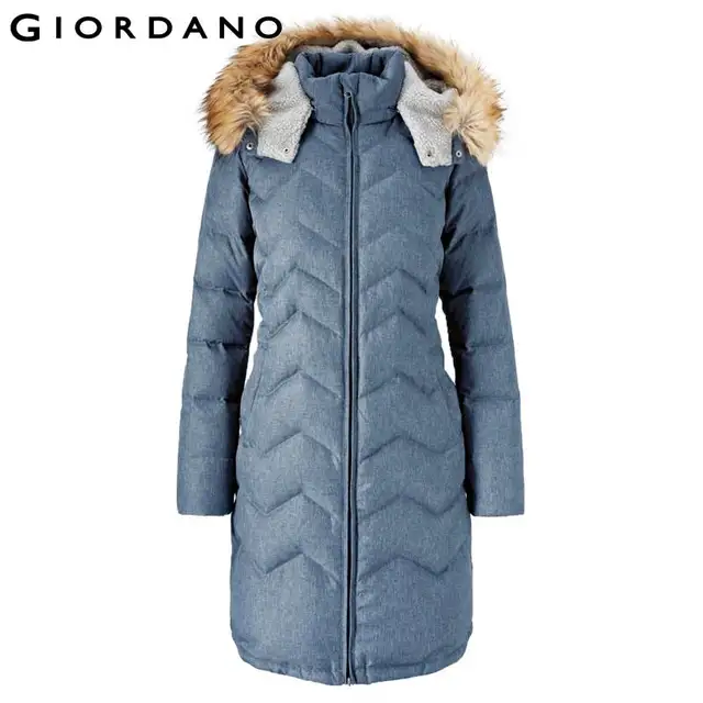 Giordano Women Downs Jacket Long Coat Faux fur Trim Detachable Hood