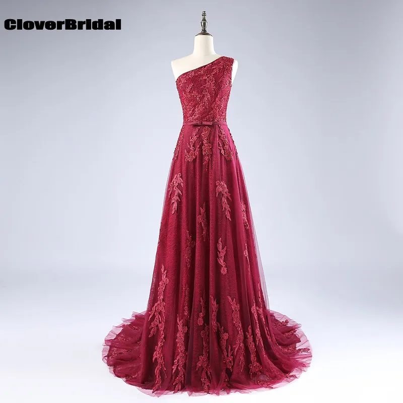 

2017 CloverBridal autumn beaded 3D appliques lace+tulle one shoulder burgundy bridesmaid dresses A-line sweep train