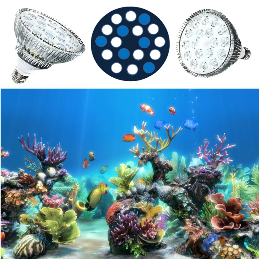 

54W Aquarium Light E27 LED Aquarium Lighting Par38 LED Coral Reef Fish Tank Bulbs 12 White 12000K 6 Blue 455nm Marine coral Lamp
