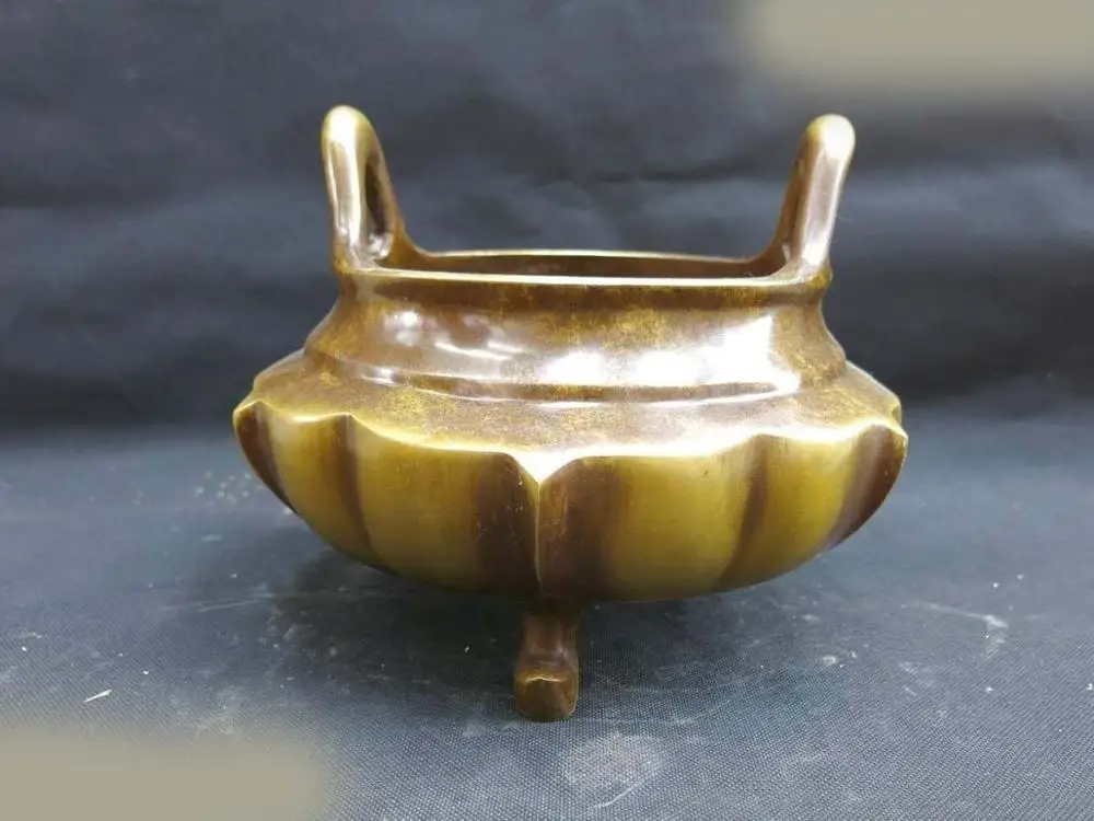 

8" China brass carved Buddhism three foot incense burner Sculpture statue (D0426)