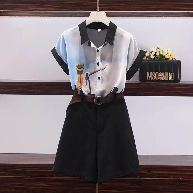 

Real shot 2019 large size women's summer dress new fat sister foreign thin slim suit ageing short sleeve + shorts