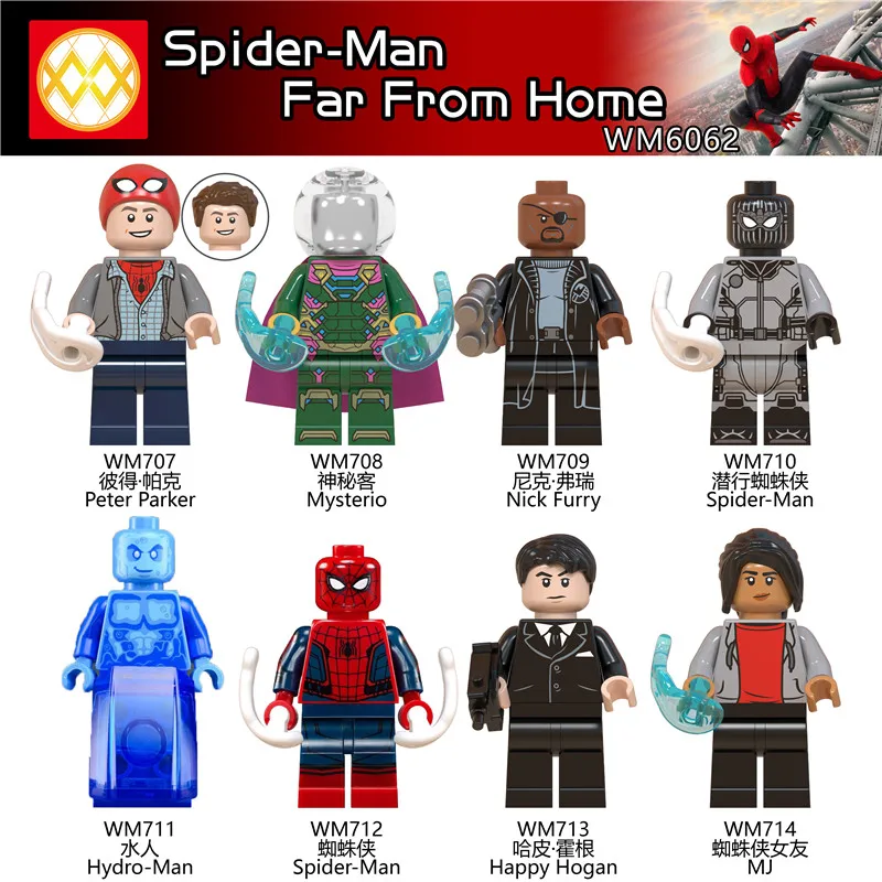

New WM6062 Peter Parker Mystrio Hydro-man Spiderman 3 Far From Home Nick Fury Mary Jane Happy Hogan Building Blocks Toys