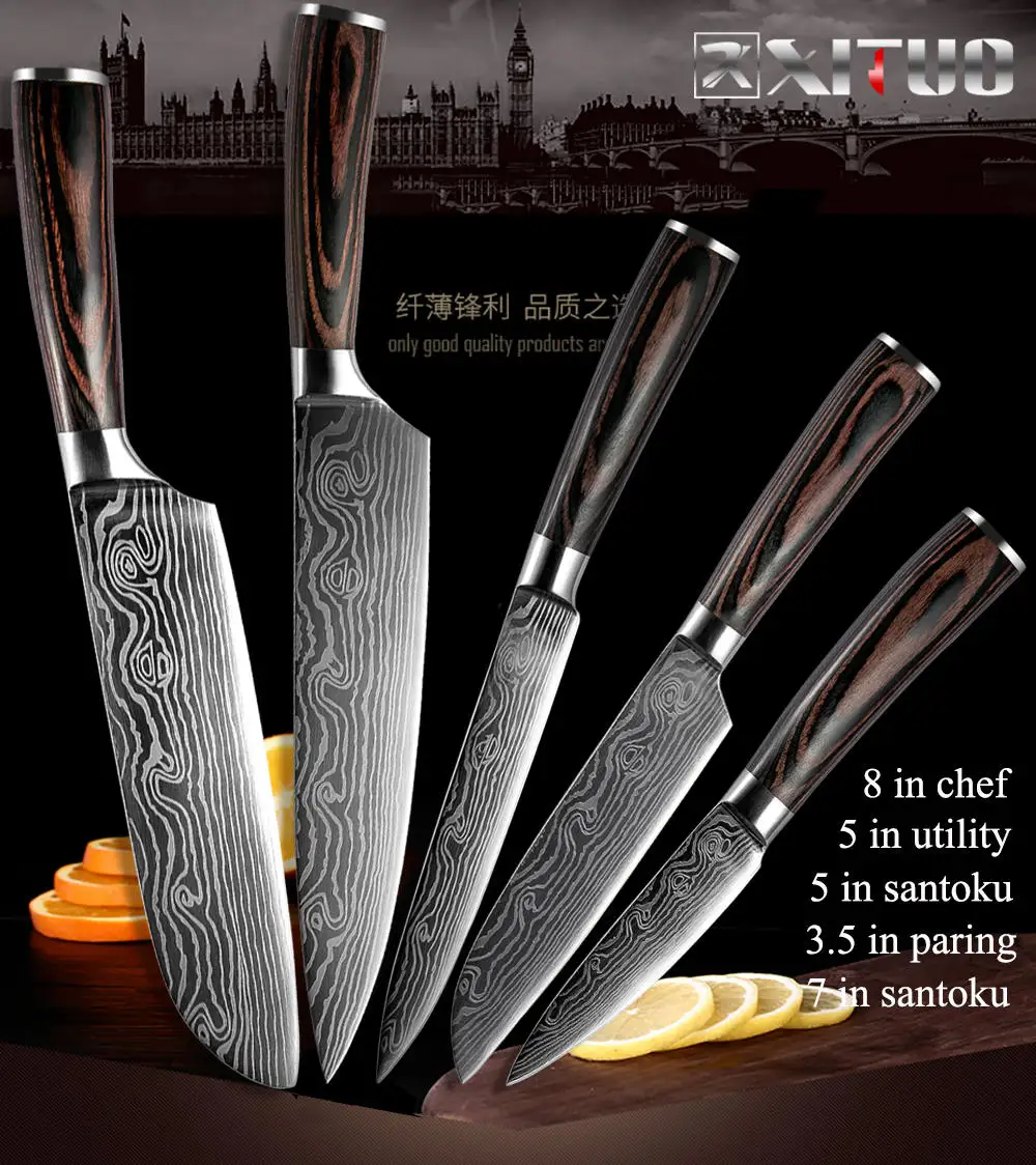 XITUO 5 шт. набор кухонных ножей лезвия из нержавеющей стали Дамасские лазерные наборы шеф-ножей Santoku инструменты для приготовления пищи Кухонные - Цвет: 5PCS