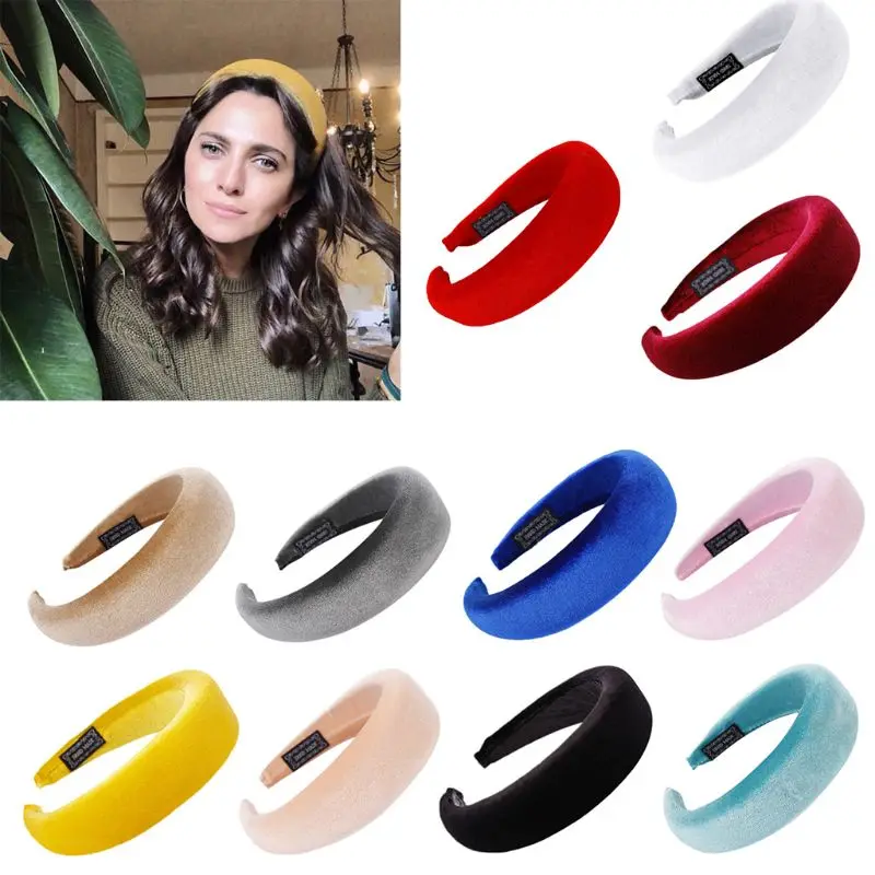 

Women Padded Wide Sponge Headband Glitter Velvet Sweet Candy Color Hair Hoop Vintage Party Stretchy Thick Headpiece