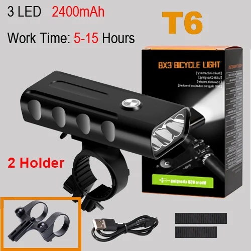 NEWBOLER 5200mAh Bike Light Kit T6 L2 Flashlight For Bicycle 2400 Lumen Led Lantern USB Headlight Mount Bracket Cycle Fornt Lamp - Цвет: T6 5 hours 2 holder