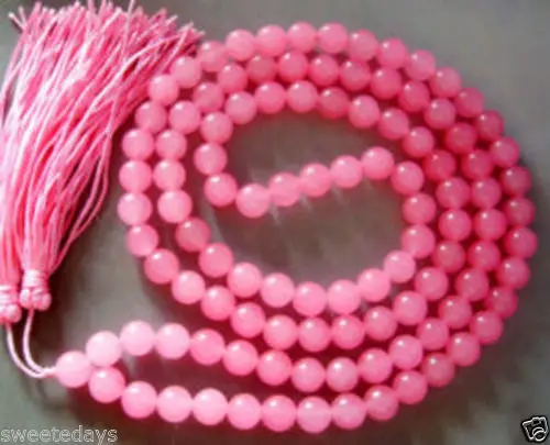 

ddh001414 Buddhist 108 Pink Jade Mala Necklace Prayer Beads 8mm