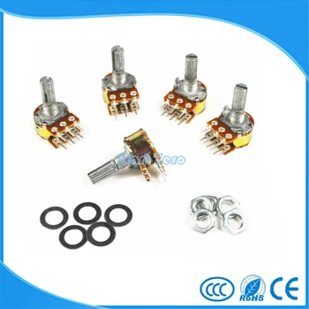 

5PCS WH148 1K 2K 5K 10K 20K 50K 100K 250K 500K ohm Linear Dual Rotary Potentiometer 15mm Shaft With Nuts And Washers 6Pin