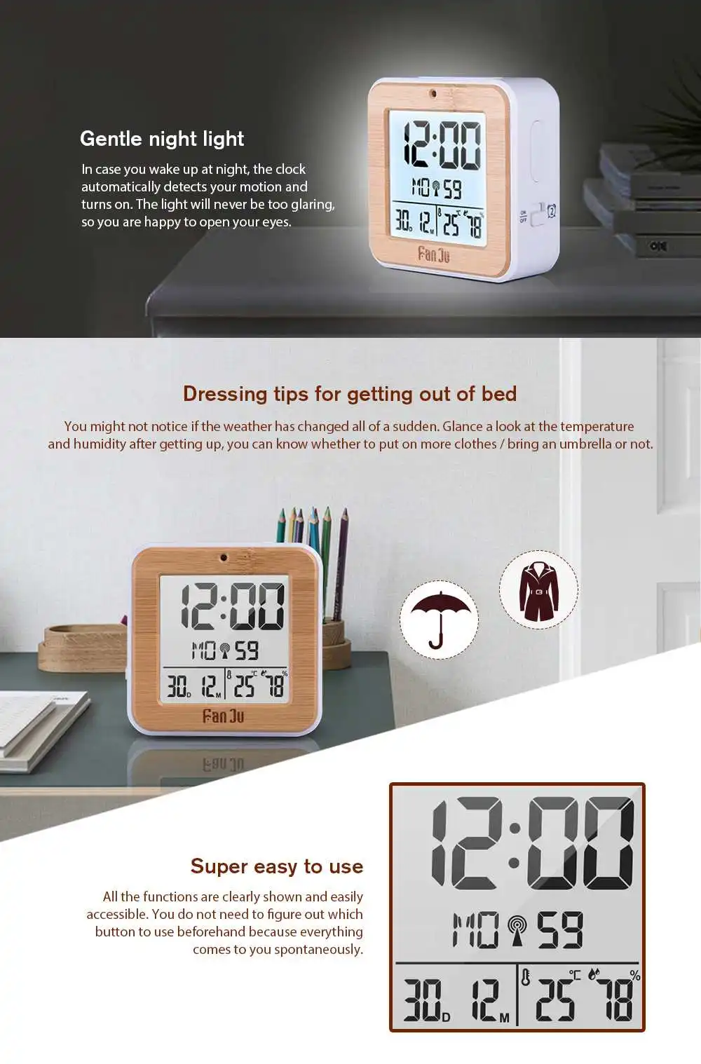 FanJu FJ3533 цифровой будильник светодиодный датчик температуры и влажности двойной будильник Авто Подсветка Повтор Дата термометр настольные часы