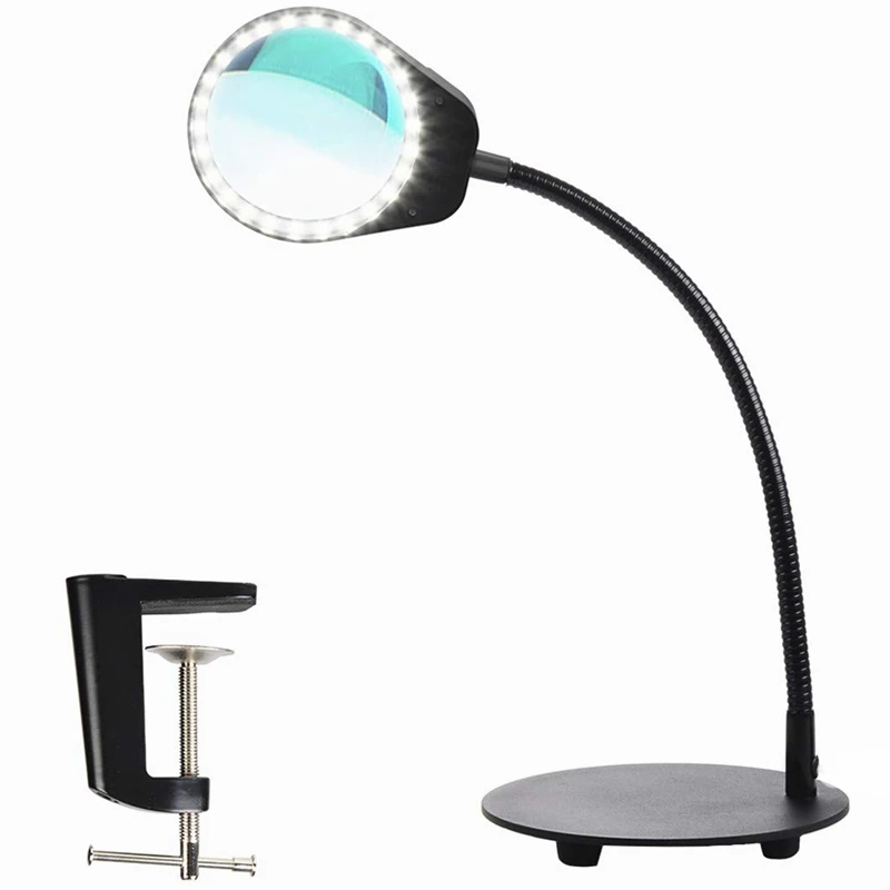 

Dimmable Magnifying Glass Desk Lamp-Hands Free,Daylight Lighted Magnifier With Stand & Clamp-Adjustable Gooseneck Led Table Li