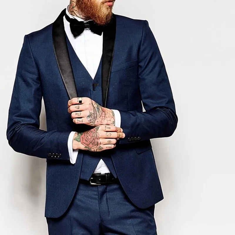 

2018 Navy Blue Slim Fit Groom Tuxedos Men Suit Side Vent Shawl Collar Groomsman/Bridegroom Wedding Suits (Jacket+Pants+Tie+vest)