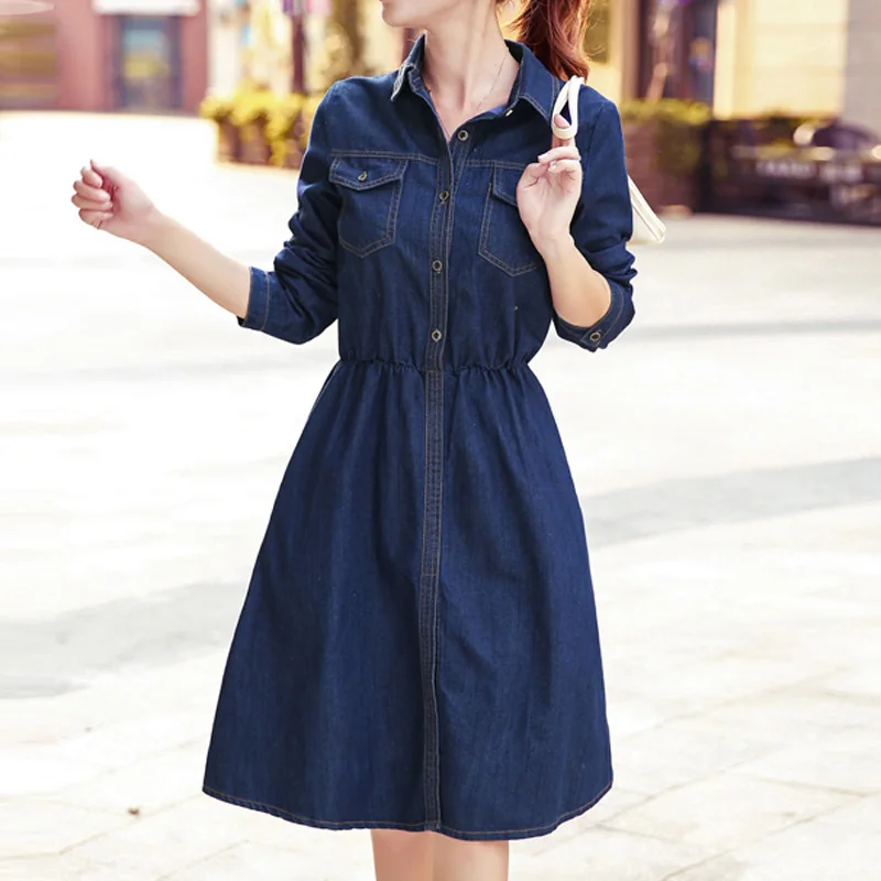 New Spring Autumn Women Long Denim Dress Vintage Long Sleeve Ladies ...