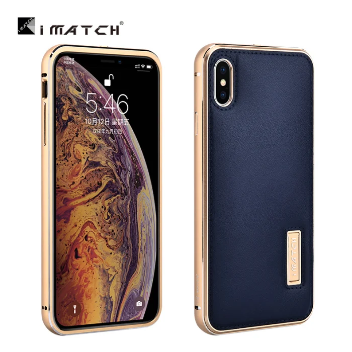 Металлический чехол iMatch для iPhone XS MAX, чехол из натуральной кожи для iPhone X XS MAX, Алюминиевый металлический бампер, задняя крышка - Цвет: Gold Bumper Blue