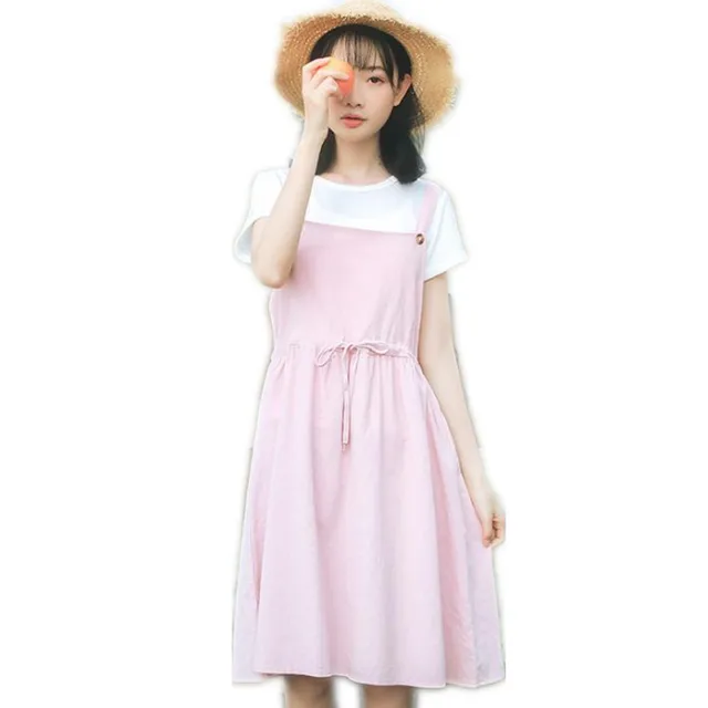 Japan Style Women Vintage Knee Length Overalls Dress Two Pieces2018