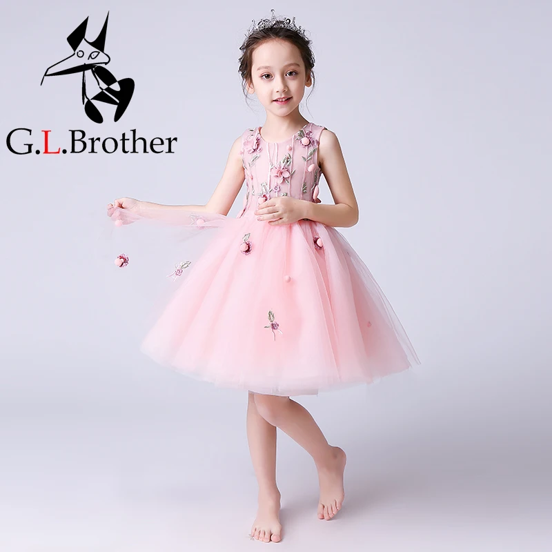 

Princess Prom Dress Embroidery Flower Girl Dresses Wedding Ball Gown Kids Pageant Dress Knee-length Girls Birthday Evening Gowns