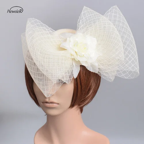 Женские свадебные гонки невесты коктейльные Ascot праздничный головной убор пиллбокс шляпы сетка Бант Цветок ручной зажим для волос шиньоны - Цвет: Ivory