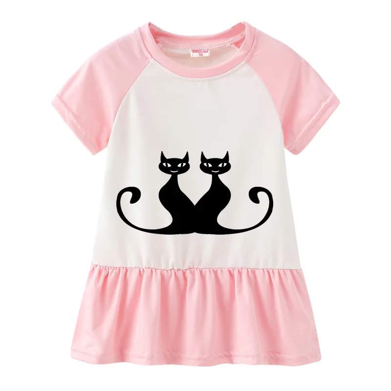 Summer Casual Cat Cartoon Printed Baby Princess Girls Short-Sleeved Dress Pink Patchwork Girls Clothes For 2-7 Years Old