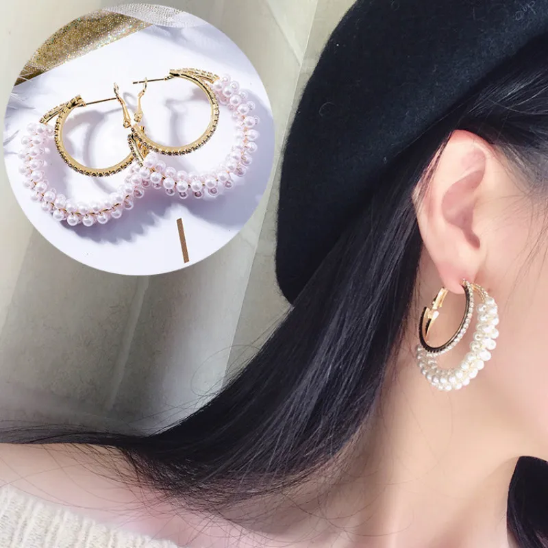 

New Fashion Arrival Hyperbole Metal Round Women Hoop Earrings Pearl Earrings For Female Korean Jewelry