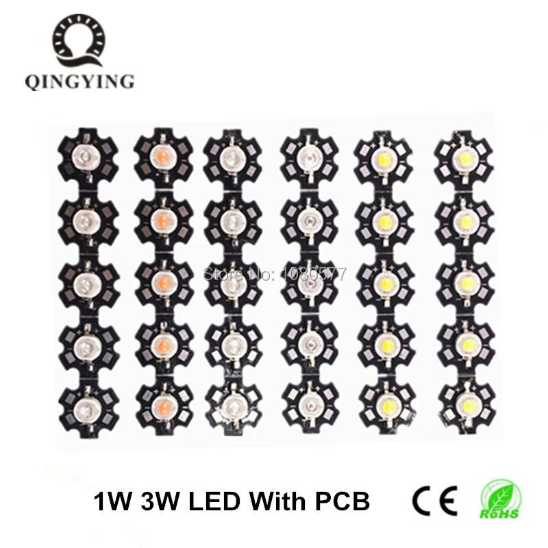 100pcs 1W 3W High Power LED White Warm White Cold White Yellow Deep Red Green Blue 445nm 660nm Light Beads with 20mm Star Pcb