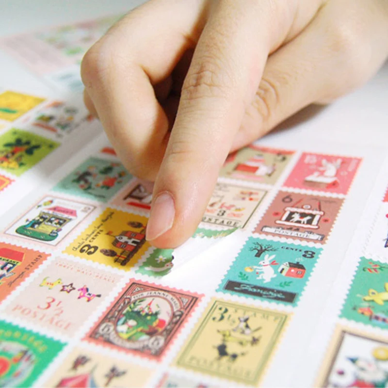 

XF18 80pcs 4 Sheets Creative Stamp Design DIY Decorative Stickers Phone Bottle Sealing Decor Stick Label Kids