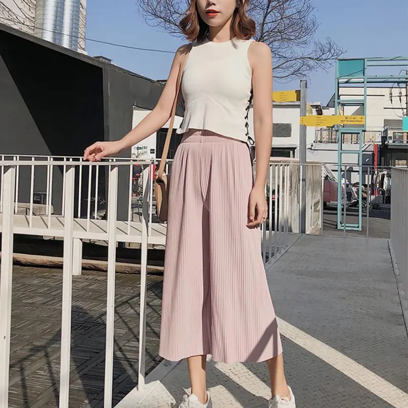 2018 New Spring Pleated Chiffon Wide Leg Pants Summer