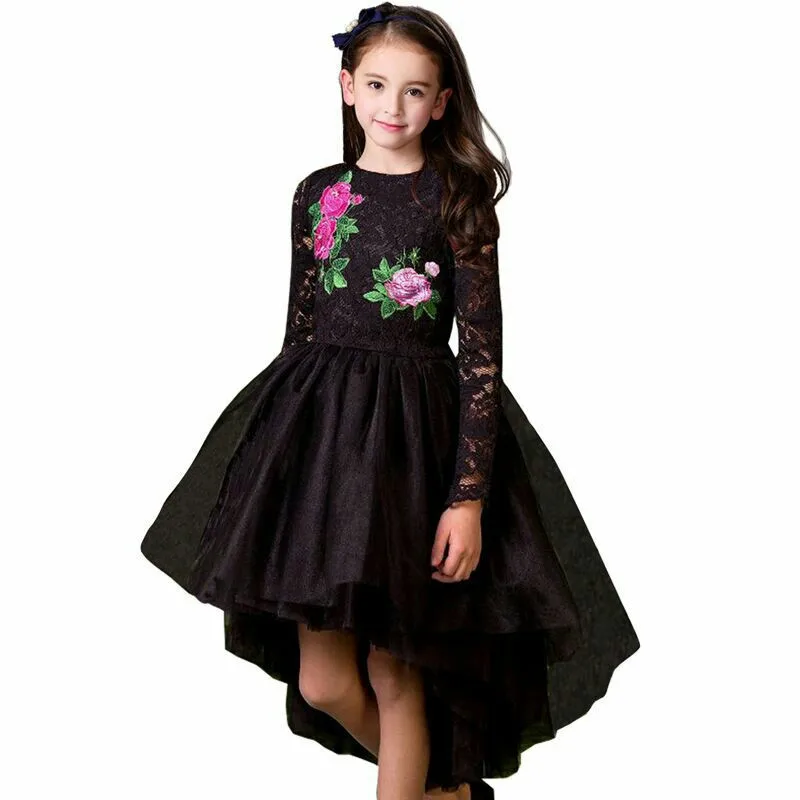 Fancy Dress for Girl Wedding Cocktail Dress Lace Floral Prom Black Dresses Girl Kids Party Wear 5-12Y