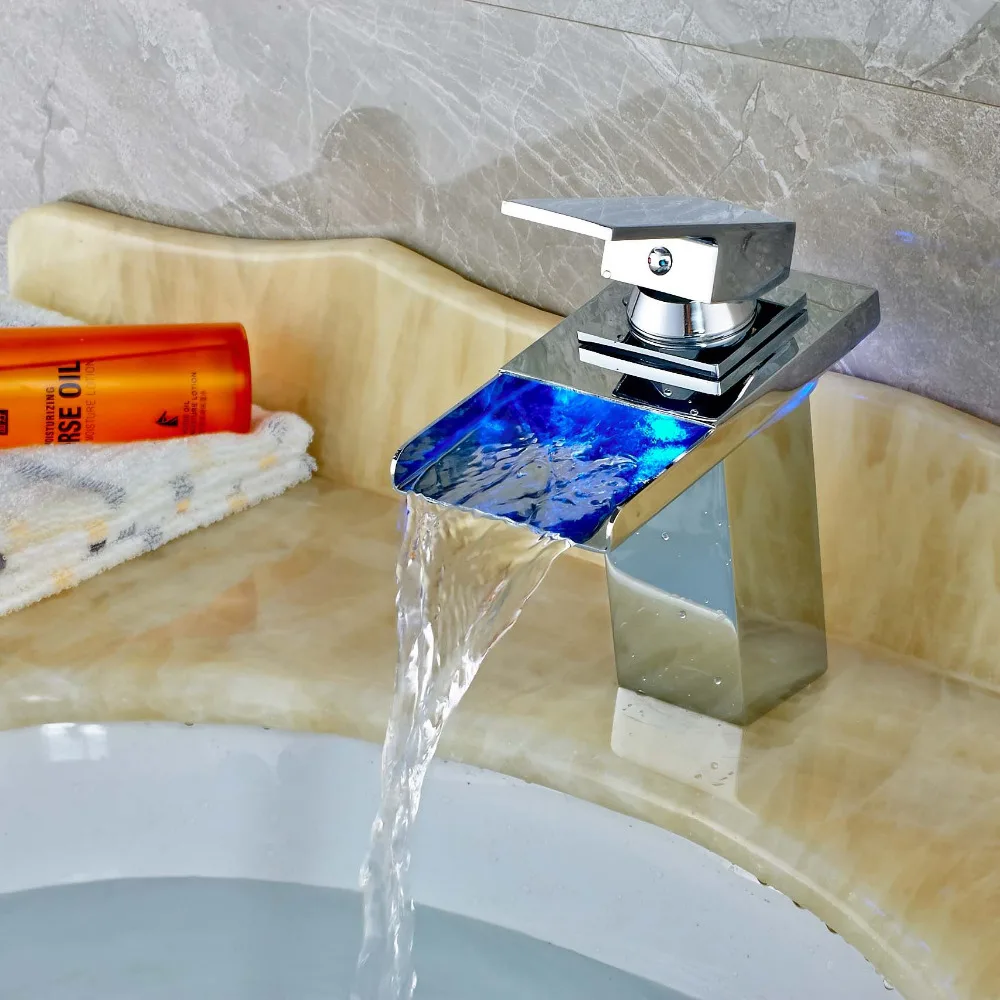 

Modern Square LED Spout Bathroom Basin Faucet Square Deck Mounted Mixer Tap