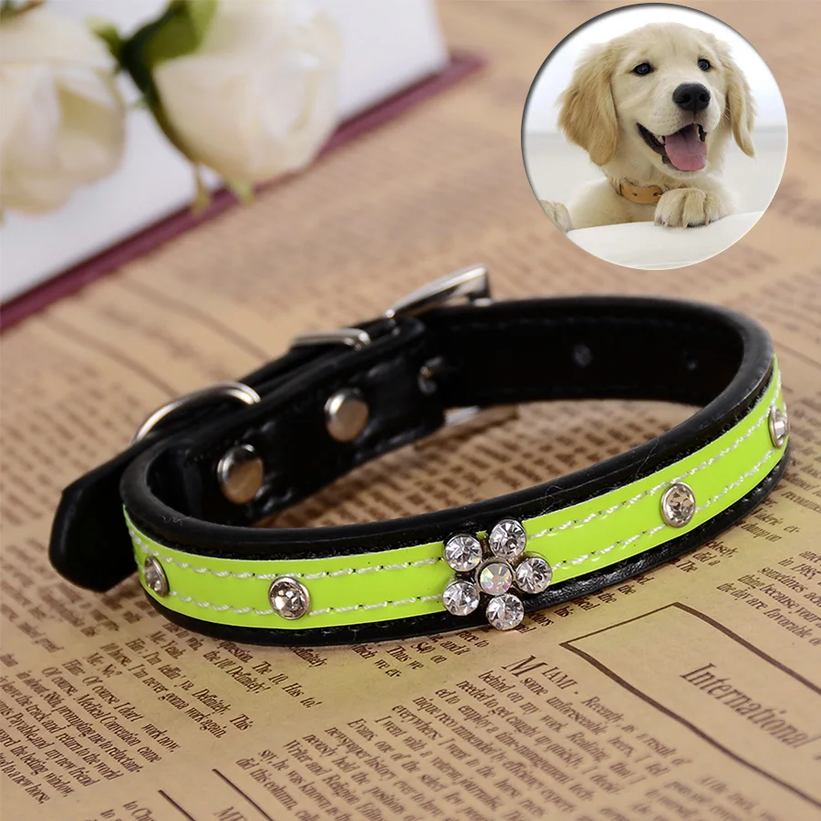 Adjustable Pu Leather Dog Collars Bling Rhinestones Flower Small Puppy