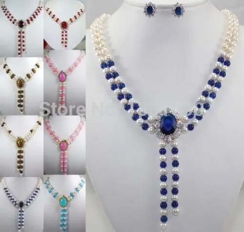 

000522 8 color-charm 2 row white pearl &green/pink/blue/red/tiger eye necklace pendant