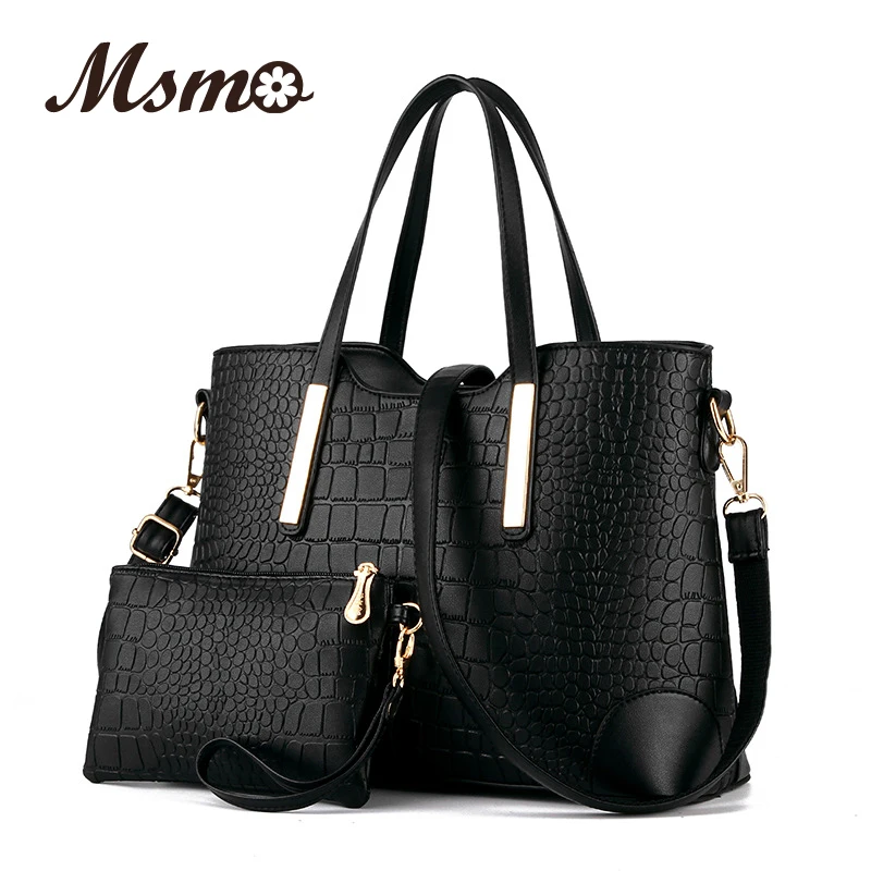 New 2016 women handbags leather hand bag crocodile crossbody bag shoulder messenger bags clutch tote+purse 2 sets sac
