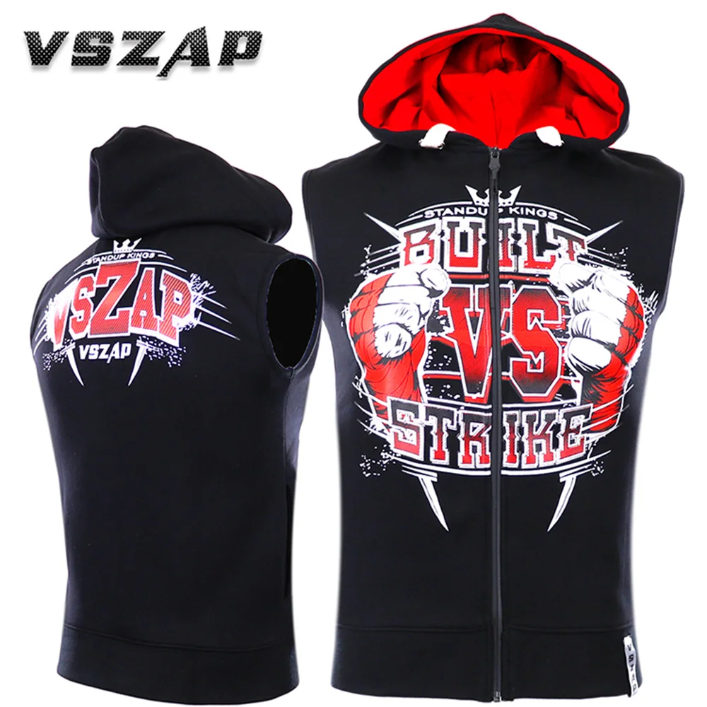 VSZAP Breathable Running Hoodie Hooded Hoodies Sleeveless Training Boxing Jacket Vests MMA Muay