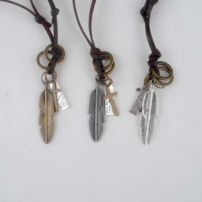 Новые ожерелья и кулоны, крутые Подвески в виде каменных перьев, натуральная кожа, длинная цепочка, ожерелье, Винтажный дизайн, мужское ожерелье s