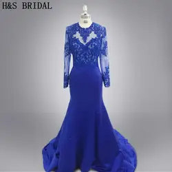 Настоящая фотография, 2016 г. дизайнер Vestidos De Longo вечернее платье Кружево Sexy королевский синий спинки Русалка с длинными рукавами вечернее