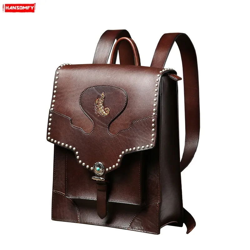 

Original new vegetable tanned leather men's shoulder bag retro brown genuine leather tide male big backpack travel bags