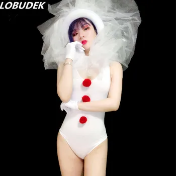 

Sexy Nightclub Bar Party Dance Costume Women Singer Show Performance Stage Wear White Elastic Bodysuit Big Headgear Dance Outfit