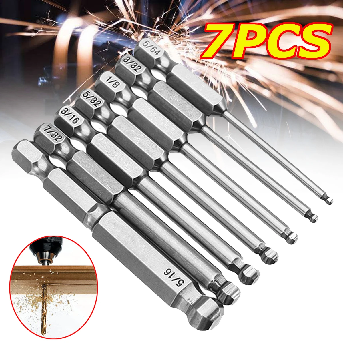 7pcs 65mm 5/64 5/16 Ball Type Screwdriver Bits 1/4 Inch Hex